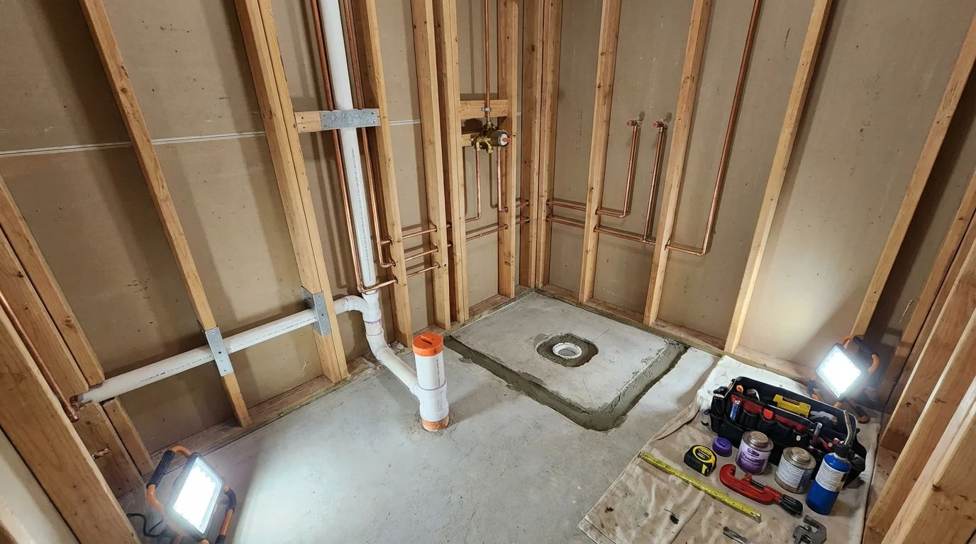 Bathroom rough-in plumbing during remodel by Johns Plumbing LLC in Riddle