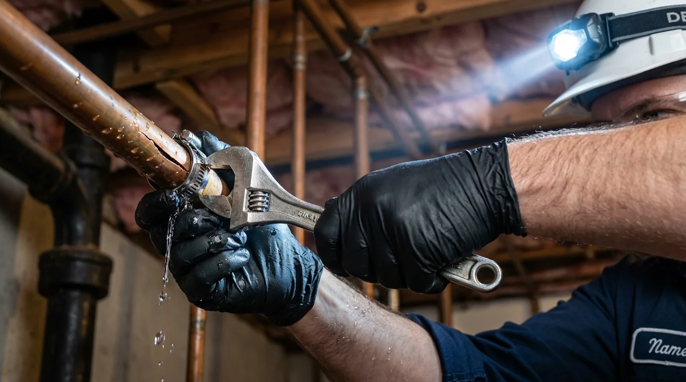 Emergency pipe clamp repair being performed by a Johns Plumbing LLC plumber in Riddle