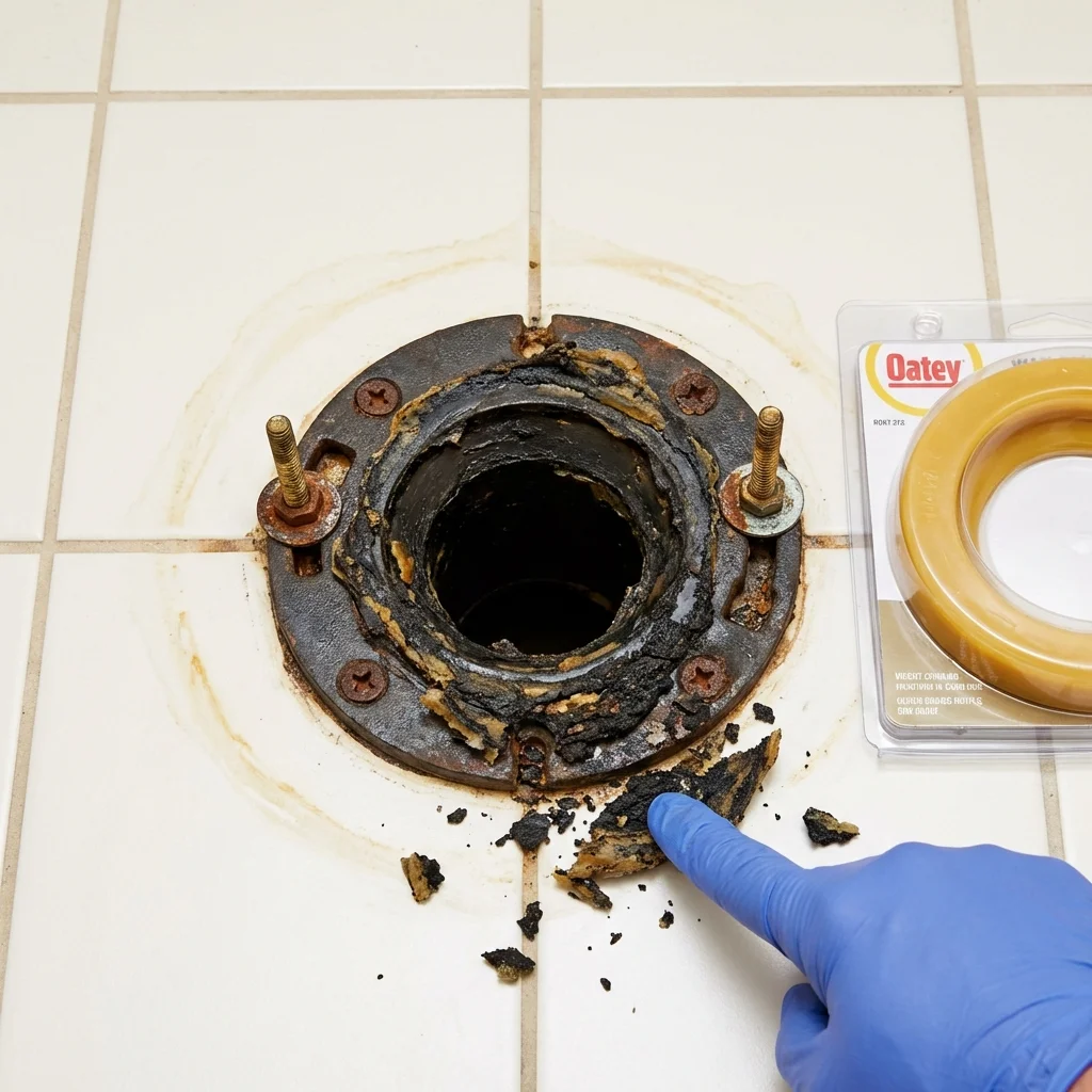 Failed wax ring showing water seepage at the base of a toilet in a Riddle, OR home